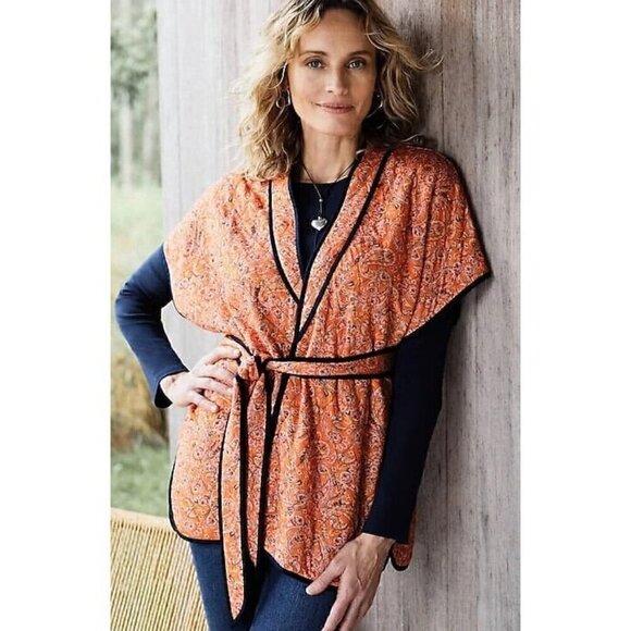J Jill Belted Quilted Ruana Size XL-3X NWT Orange Paisley Belted Jacket Kimono - Picture 3 of 16
